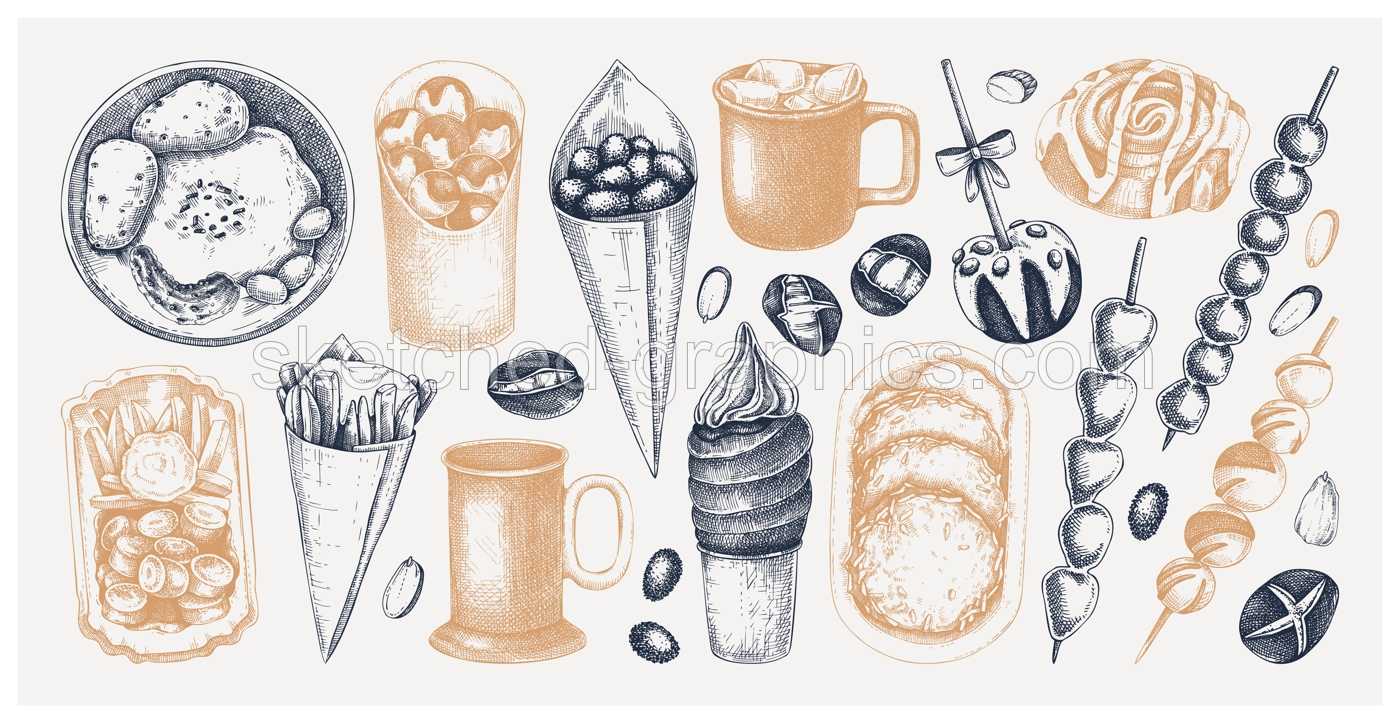 Traditional European Christmas market food sketches collection. Fast food menu design elements. Vintage hand-drawn vector illustration. Bakery, pastry, sweets, grilled meat, hot drinks sketches. Illustration